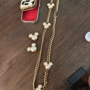Gold Pearl Chain Necklace and Earrings Set Disney Mickey Mouse HEAVY